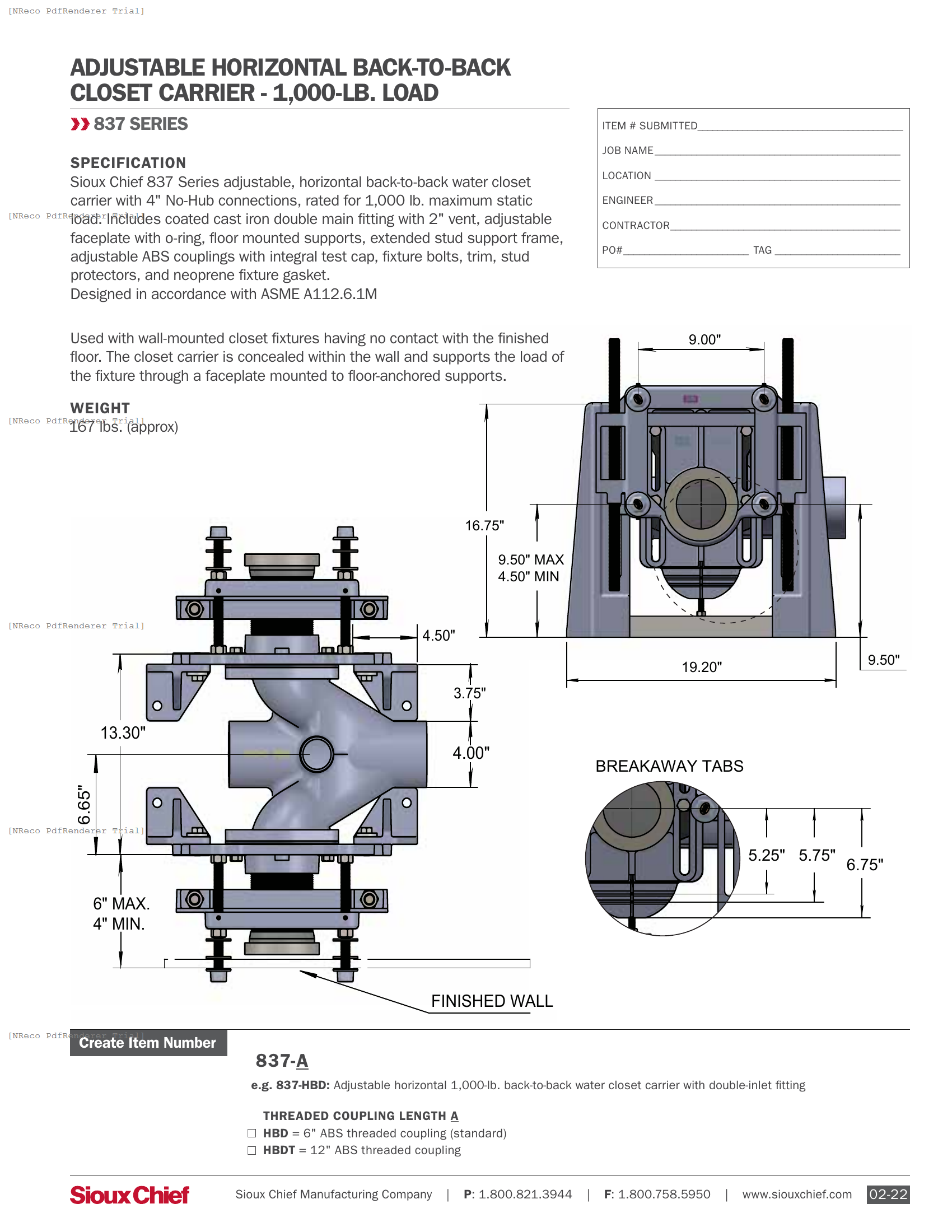 837-HBD SERIES - 1000-LB CLOSET CARRIER - SPEC SHEET.PDF Specification Document